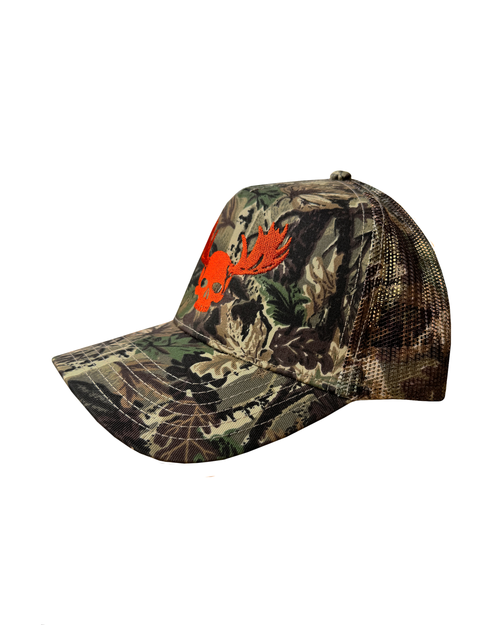Hunting Club Trucker - camo with red embroidered skull and antlers